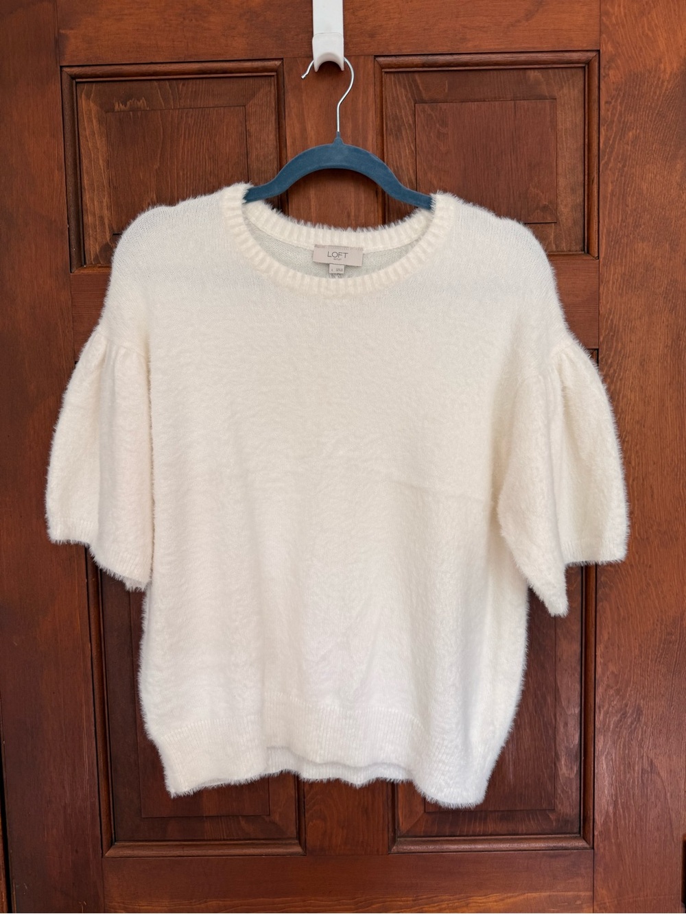 LOFT Ivory Fuzzy Puff Sleeve Short Sleeve Sweater Size L